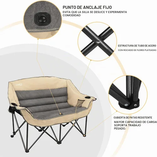 Vista 6 de Silla de campamento plegable doble totalmente acolchada, sofá de campamento de gran tamaño para 2 personas, sofá con soporte para tazas, soporte
