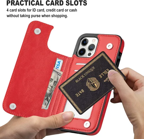 Vista 2 de Funda tipo cartera para iPhone 12 Pro Max, funda de piel sintética suave premium con función atril y función atril para iPhone 12 Pro Max de 6.7 Rojo