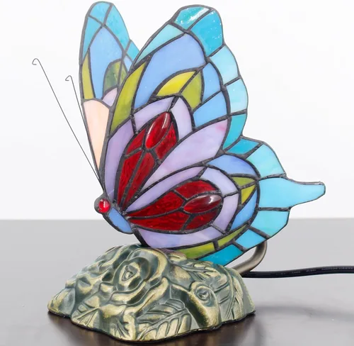 Vista 2 de Pequeña lámpara de mesa Tiffany de vidrio manchado Lámpara de escritorio de mariposa de 7X5X9.8 pulgadas Luz de acento antigua