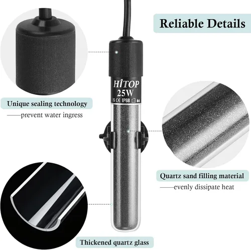 Vista 5 de HITOP Mini calentador sumergible para acuario – 25 W, 50 W, 100 W, 200 W, 300 W, calentador pequeño para pecera de 1 a 70 galones con controlador