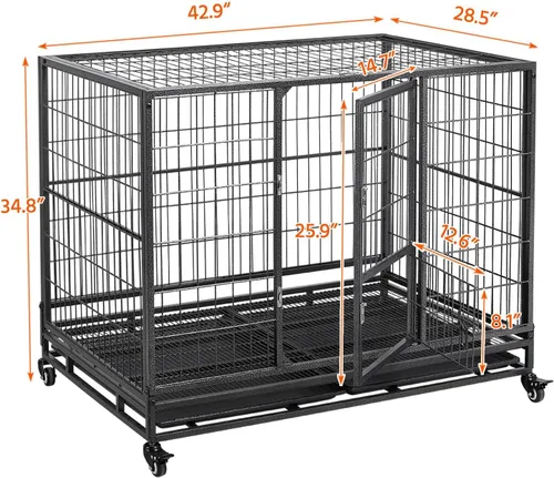 Vista 5 de Yaheetech Jaula de perro resistente a prueba de escapes de 43 pulgadas con puertas dobles, 2 bandejas extraíbles, ruedas bloqueables, perrera