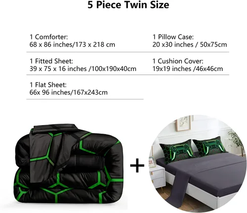 Vista 3 de ROWADALO Juego de ropa de cama de 5 piezas para niños, juego de edredón para niños jugadores, tamaño individual, juego de edredón de videojuegos