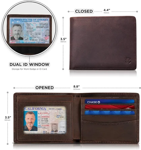 Vista 14 de SERMAN BRANDS Billetera de piel con 2 ventanas de identificación para hombre, con bloqueo RFID, doble tapa superior, billetera de viaje de capacidad