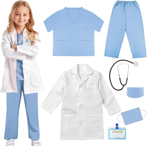 Vista 8 de Doctor Scrubs Costume for Kids With Stethoscope Lab Coat Career Day Costume Doctor Dress Up For Boys Girls 3-12