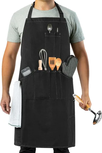 Vista 7 de opux Delantal de chef para hombres, delantal de cocina con bolsillos para mujer, delantal grande de lona unisex para cocinar, asar a la parrilla
