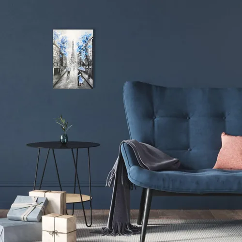 Vista 3 de YPY Arte de Pared en Lienzo Floral Azul de París: Imagen de Flor Azul Torre Eiffel Gris para Decoración de Baño, Pintura Texturizada de Paisaje
