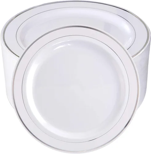Vista 9 de bUCLA 100 platos de plástico con borde plateado, platos desechables de 7.5 pulgadas, ideales para bodas, fiestas y Navidad