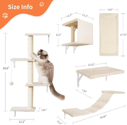 Vista 2 de Muebles modernos para gatos montados en la pared, 5 estantes de pared para gatos, escalador de madera incluye casa, puente, árbol, escalones