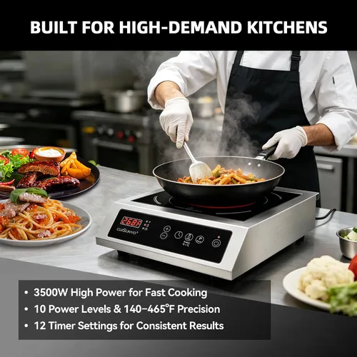 Vista 3 de Cocina de inducción comercial de 3500 W, quemador portátil de 240 V para encimera con 10 niveles de potencia, 12 ajustes de temporizador, control