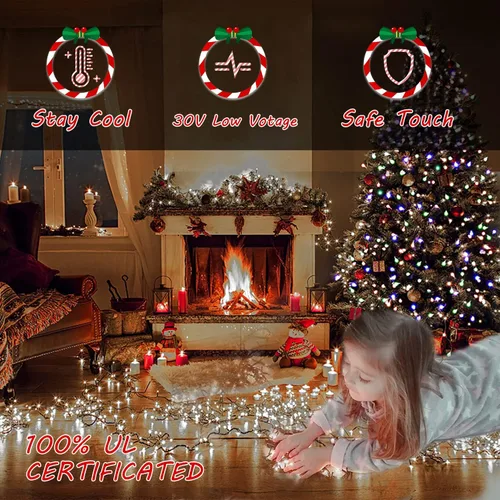 Vista 4 de Luces de Navidad para exteriores, 300 luces LED de 108 pies con 8 modos, enchufe de extremo a extremo, certificado UL, guirnalda de luces