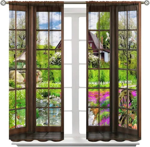 Vista 211 de Cortinas de paisaje, ventana 3D, primavera, bosque, vida silvestre, paisajes de naturaleza, dormitorio, sala de estar, cortinas térmicas opacas de 2