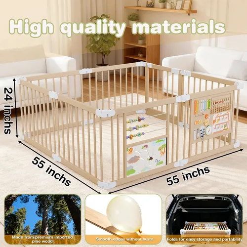 Vista 2 de Foldable Wooden Playpen, Natural Wood Baby Playpen with Adjustable Size and Shape, Portable Includes 2 Game Boards, 10+ Toy Set, Suitable for Indoor