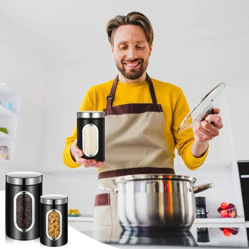 Vista 7 de Maxdot Juego de 6 recipientes negros para encimera de cocina, té, café, azúcar, con ventana transparente, tarro de café, contenedor de azúcar