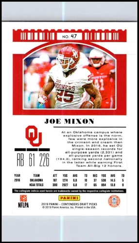 Vista 2 de 2019 Panini Contenders Draft Picks Season Ticket #47 Joe Mixon Oklahoma Sooners Official Collegiate Football Card of the NFL Draft