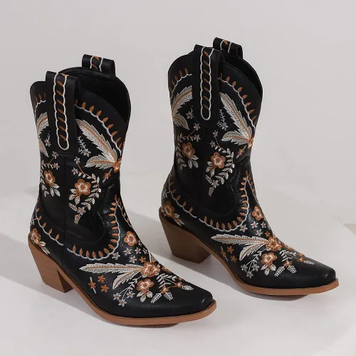 Vista 7 de LIPIJIXI Botas vaqueras bordadas para mujer, botas vaqueras para mujer, botas vaqueras florales de tacón bajo y grueso