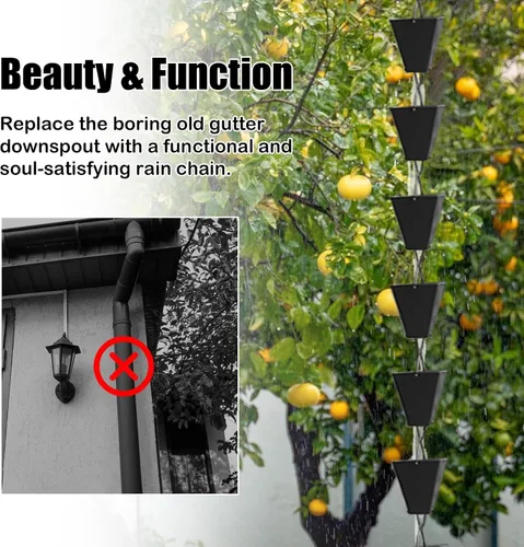 Vista 2 de Square Rain Chain with Large Cups, 8 8.5 10 12 14 Feet Gutter Chain Downspout, Black Powder Coated Rain Chain Funneling for Outside,1m (33ft)