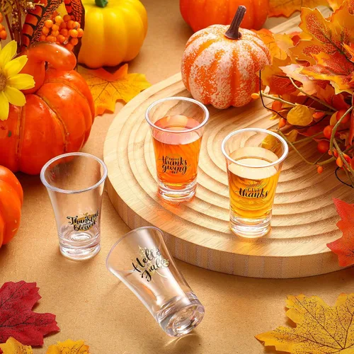 Vista 4 de Dandat 24 vasos de chupito de Acción de Gracias a granel con base pesada de 1.2 onzas, vasos reutilizables de otoño, vasos acrílicos de hoja