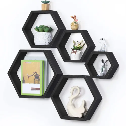 Vista 3 de Estantes flotantes hexagonales para decoración de pared, juego de 5 estantes de pared de panal de abeja, estante de almacenamiento flotante