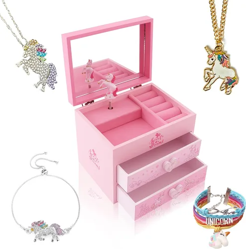 Vista 10 de Agitation Joyero Musical de Madera de Princesa Unicornio con Juego de Joyas a Juego, Regalos de Unicornio para Niñas, Grande, Madera, Plástico.