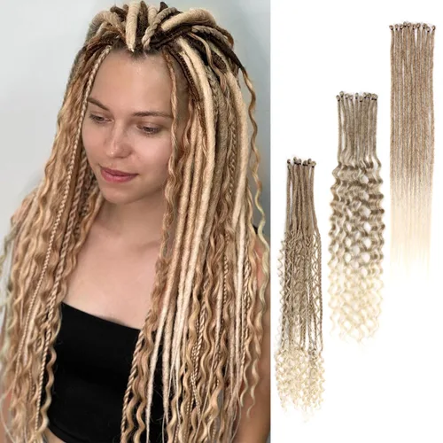Vista 23 de Extensiones de rastas trenzadas bohemias de 24 pulgadas, 10 hebras de rastas sintéticas rizadas color marrón degradado con trenza de caja, rastas