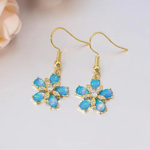 Vista 6 de CiNily Aretes colgantes en forma de flor para mujeres y niñas, aretes colgantes de ópalo de 14 quilates, chapados en blanco y oro, delicados aretes