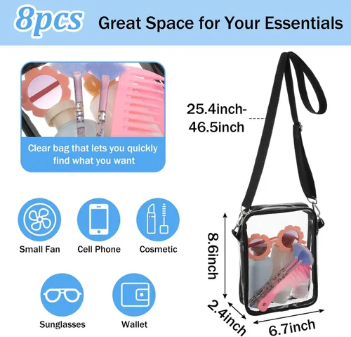 Vista 4 de 8 bolsas cruzadas transparentes, bolsa de PVC aprobada para estadios con correa ajustable, bolsa de mensajero transparente para conciertos y eventos