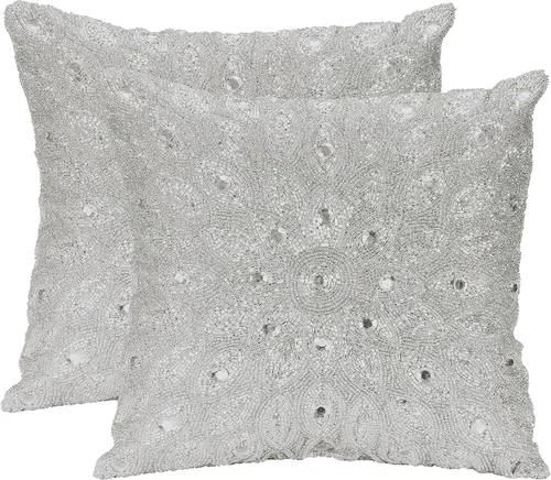 Vista 2 de Lightnpro - Funda de almohada plateada de lujo con cuentas a mano, 12 x 12 pulgadas, exquisito cojín hecho a mano para sofá, sofá y cama, elegante