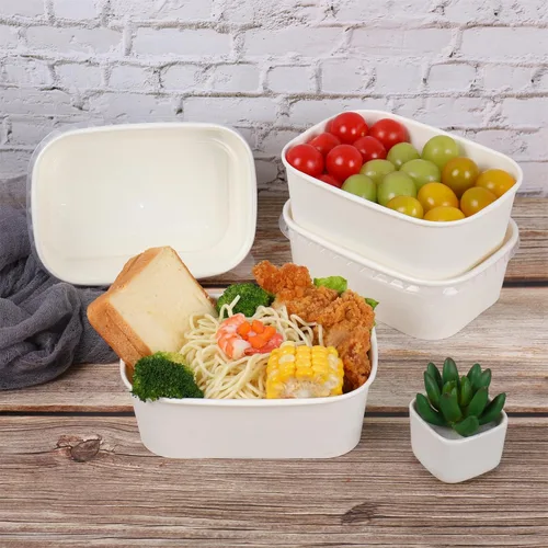 Vista 5 de Cuencos de ensalada de papel desechables de 25 onzas con tapas, recipientes rectangulares para alimentos, cuencos de sopa, suministros de fiesta