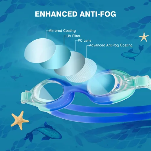 Vista 3 de Paquete de 2 gafas de natación para niños pequeños de 6 a 14 (8 a 12), protección UV antivaho sin fugas, gafas de natación para niños y niñas