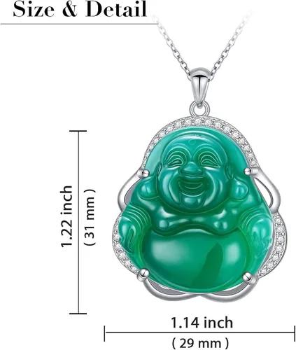 Vista 4 de Alphm S925 Sterling Silver Green Lucky Laughing Jade Buddha Pendant Necklace Jewelry