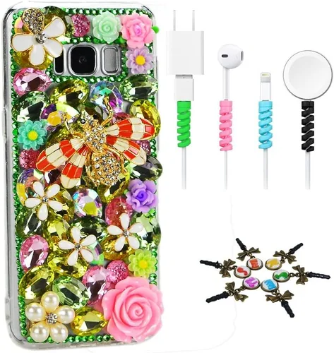 Vista 8 de Sparkle - Funda compatible con Samsung Galaxy S21 Ultra, elegante, diseño 3D hecho a mano con diseño de flores de libélula y flores con protector