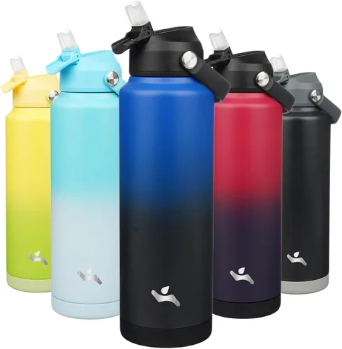 Vista 51 de Konokyo Botella de agua aislada con tapa de pajilla, botella de metal al vacío de acero inoxidable de 18 onzas con mango de silicona, color negro