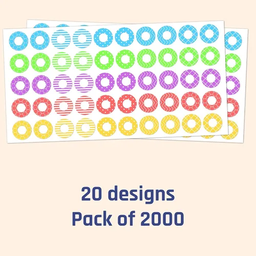 Vista 2 de Paquete de 2000 etiquetas adhesivas de refuerzo de agujeros, 0.25 pulgadas, 20 diseños surtidos