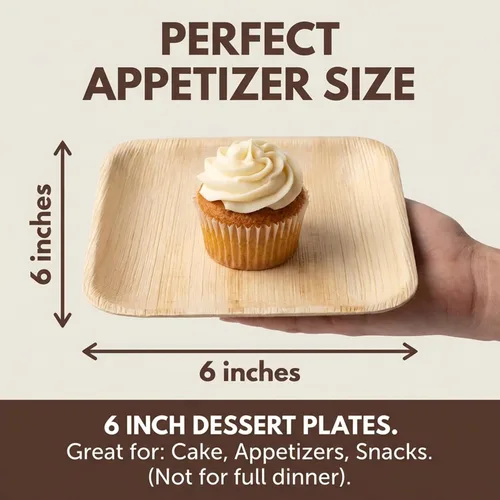 Vista 7 de Small 6 Inch Square Bamboo Plates Disposable - 100 Pack - Biodegradable Palm Leaf Dessert Plates for Appetizers and Cocktail Party - Compostable and