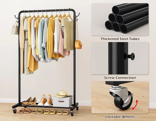 Vista 6 de HOMIDEC Clothes Rail, Metal Clothes Rack with 4 Side Hooks, Bottom Storage Shelf and Wheels, Heavy-Duty Clothing Rail Holds Up to 40kg, Clothes