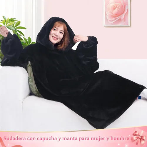 Vista 3 de Waitu - Sudadera tipo manta, para regalar a hombre o mujer, muy cálida y acogedora, gigantesca, con capucha, de gruesa franela, con mangas y un Negro