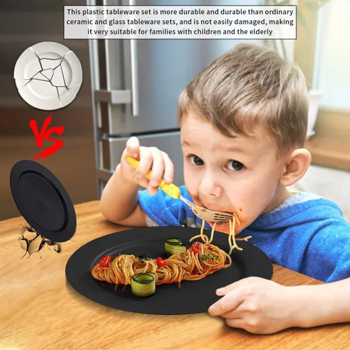 Vista 4 de Berglander Juego de 12 platos de plástico negro de 10 pulgadas, platos planos reutilizables e irrompibles, platos de ensalada, cuencos para pasta