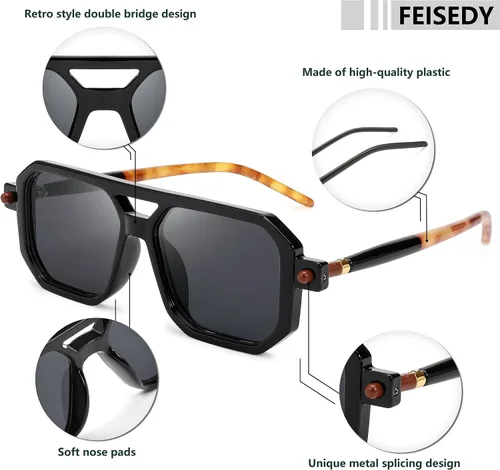 Vista 5 de Feisedy - B2622 - Lentes de sol estilo aviador, cuadrados, clásicos de los años 70, unisex, con montura clásica retro y elegante, UV400