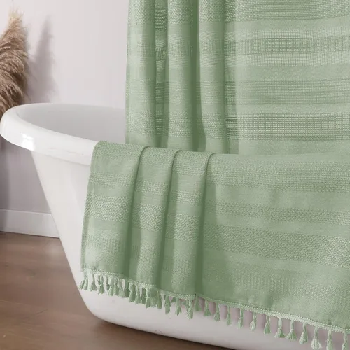 Vista 24 de OVZME Cortina de ducha bohemia negra, cortina de ducha estrecha de tela suave a rayas de lino texturizado con borla, moderna decoración de baño