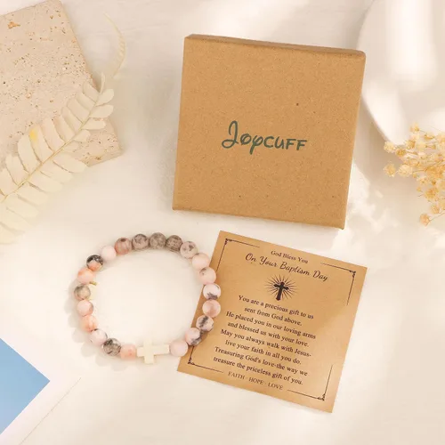 Vista 6 de JoycuFF Christian Gifts for Women Inspirational Gift Cross Bracelet for Women Natural Stone Bracelet for Women First Communion Confirmation Baptism