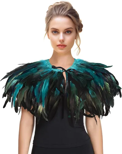 Vista 10 de Chal de plumas para mujer, collar de plumas de cuervo, capa de cisne de Halloween, accesorios de disfraz de bruja Azul-5