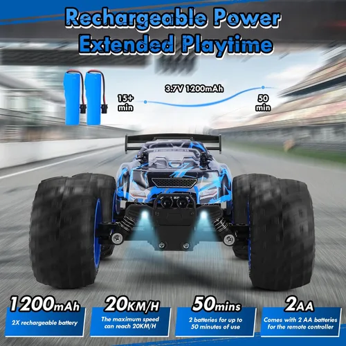 Vista 2 de Coche de control remoto, recargable 1:18 Rc, camión a control remoto todo terreno Azul