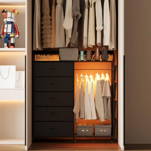 Vista 7 de LUMTOK - Cómoda con estante para colgar, 5 cajones de tela y bolsillo lateral para dormitorio 2 in 1 Black 5 Drawers Dresser with LED&Charging