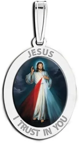 Vista 6 de PicturesOnGold.com Divine Mercy Double Sided Oval Religious Medal Color, Available in Solid 14K Yellow or White Gold, or Sterling Silver