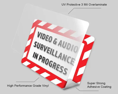 Vista 2 de Paquete de 2 calcomanías de vinilo de videovigilancia y audio en progreso de 7 x 5 pulgadas Calcomanía de vinilo de alta calidad Laminado