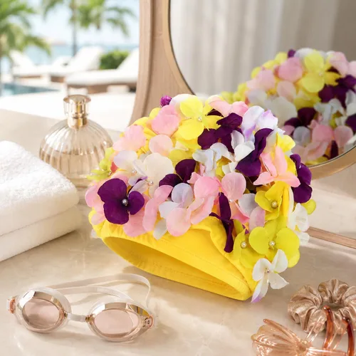 Vista 5 de WINOMO Gorra de natación de moda con pétalos florales con estilo gorro de natación tamaño L para mujer