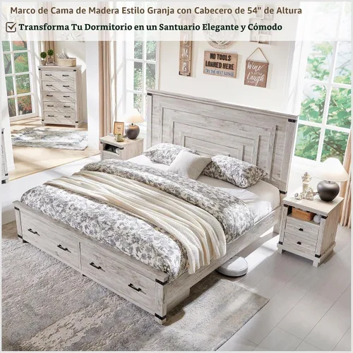 Vista 7 de Marco de cama de madera tamaño Queen de 54 pulgadas de alto con cabecero, cepillo antiguo color blanco Cepillo antiguo blanco