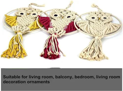 Vista 5 de Búhos atrapasueños de algodón macramé para colgar en la pared del dormitorio de los niños, decoración de pared 22 pulgadas de largo x 11.6 pulgadas