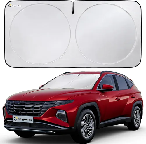 Vista 7 de Magnelex Parasol para parabrisas Tesla para el modelo 3 y el modelo Y 2017-2026, parasol reflectante de material 240T con recorte de espejo