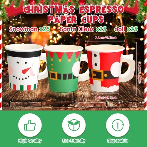 Vista 2 de Maxcheck Vasos de Papel Navideños 7oz Desechables de Navidad con Asas Santa Muñeco de Nieve Elfo Vasos de Té Café Chocolate Caliente Accesorios